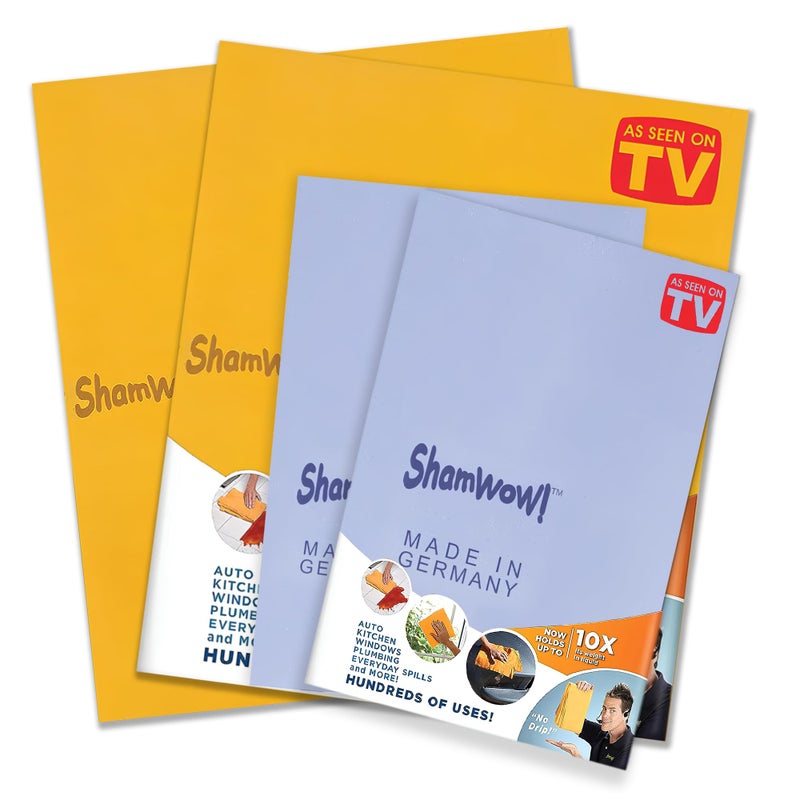 ShamWow Original Super Absorbent Multi-Purpose Cleaning Shammy Chamois Towel Cloth - Holds 10X its Weight in Liquid - Machine Washable - Will Not Scratch (4 Pack: 2 Large Orange & 2 Small Blue). - Image 1